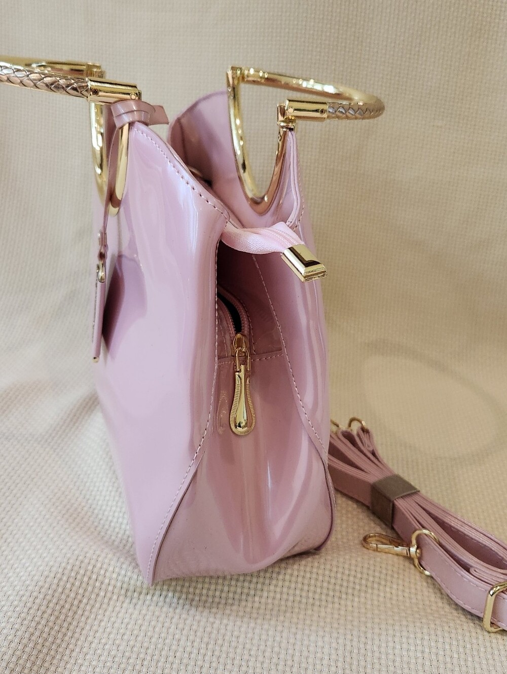 Pink Patent Leather Satchel Gold Ring Top Handle Crossbody Bag Structured Purse - Picture 9 of 16